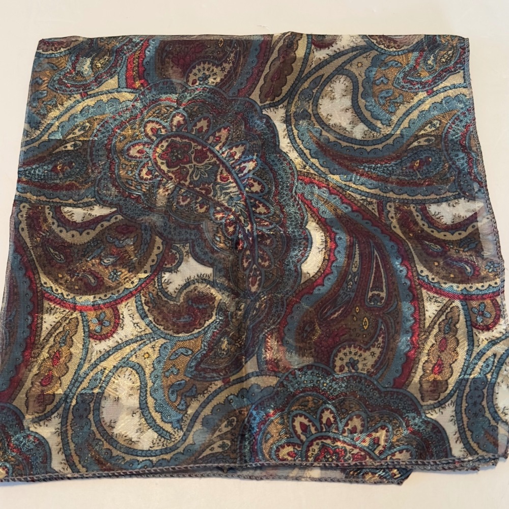 Vintage Paisley Square Scarf Blue Burgundy Gold Metallic Sheer Silk Feel 21x20